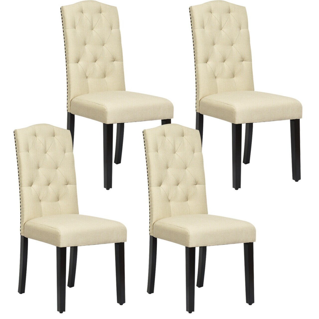 Set Of 4 Beige Tufted Dining Chair Upholstered W/ Nailhead Trim And Rubber Wooden Legs